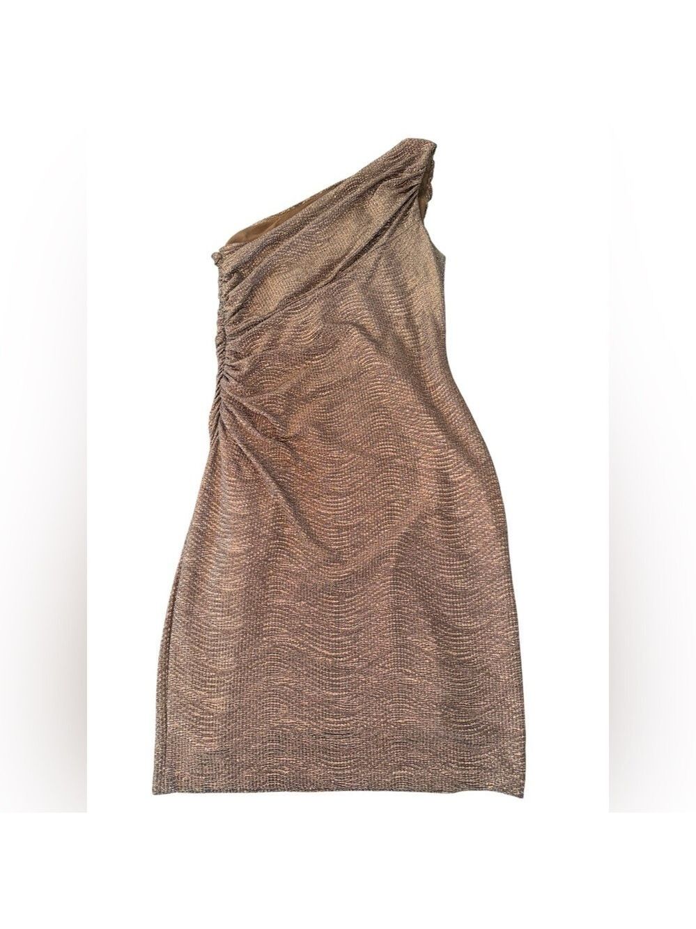 Lauren Ralph Lauren Metallic Bronze One Shoulder Dress Size 12 Ruched Cocktail - Picture 5 of 8
